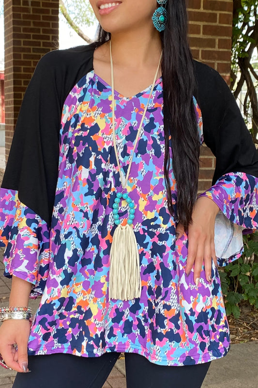 MULTI COLOR BLOUSE WITH RUFFLE TRIM BELL SLEEVES
