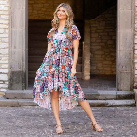 Bohemian Patchwork Print Dress with Pockets