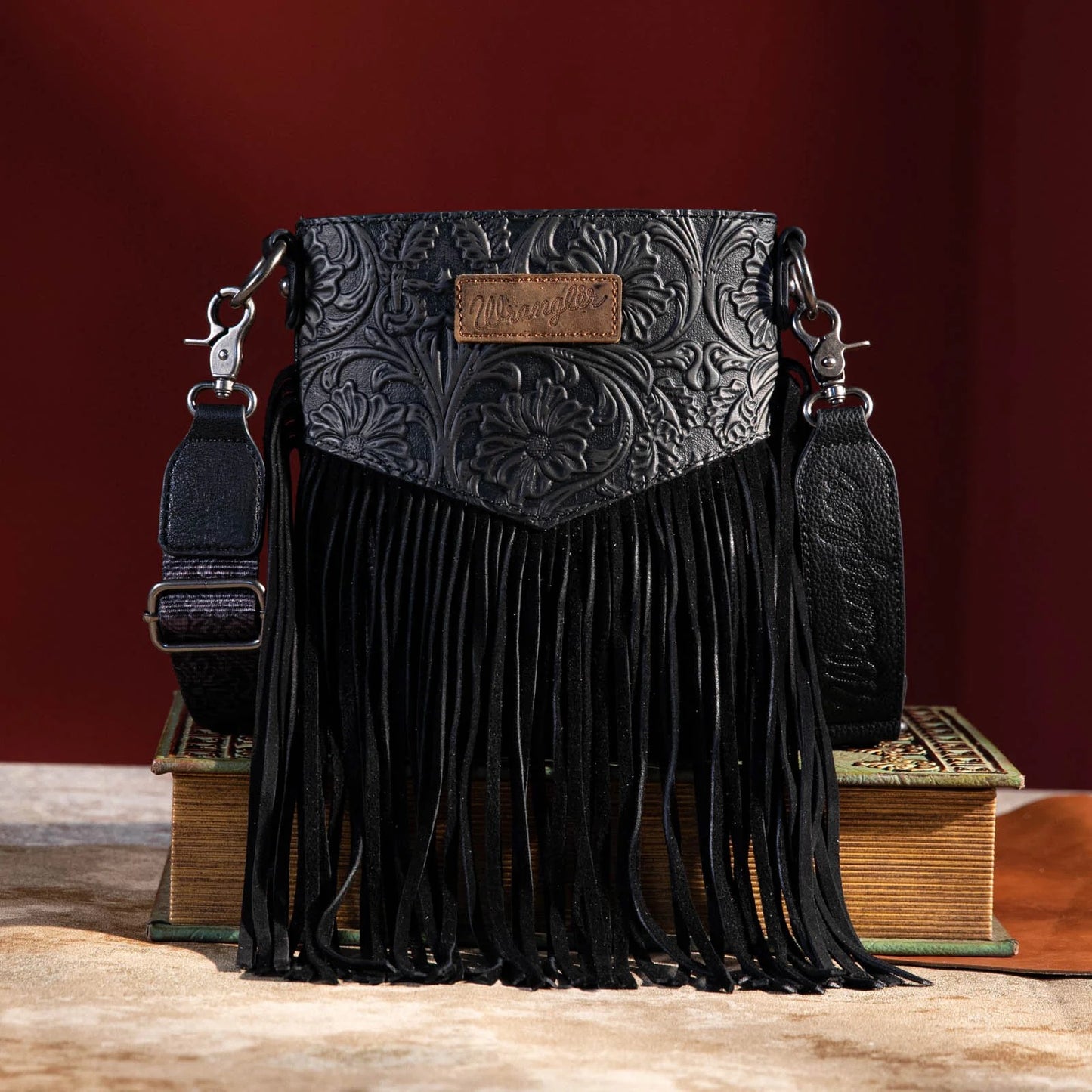 Wrangler Black Vintage Floral Embossed Fringe Crossbody