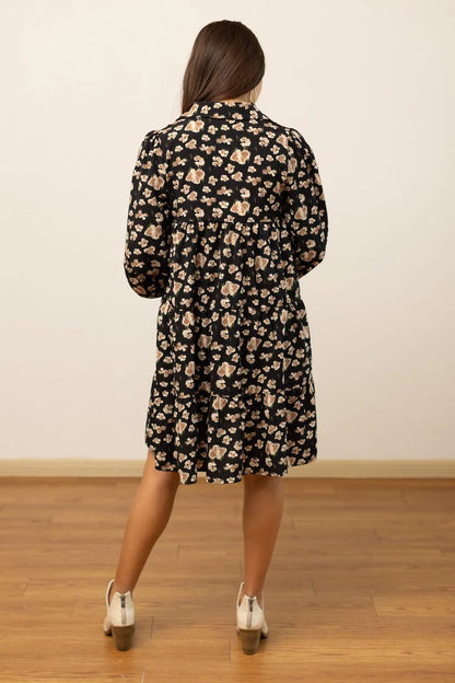 Abstract Floral Tiered Dress-Black