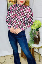 Pink Squash Blossom Checkered Sheer Top