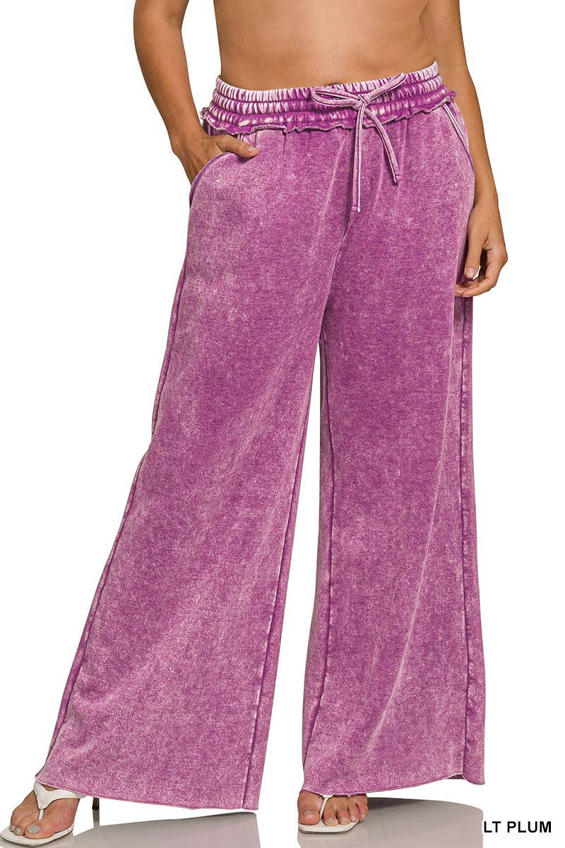 Plus Acid Wash Fleece Palazzo Sweatpants With Pockets