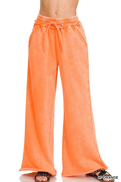 Acid Wash Fleece Palazzo Sweatpants With Pockets