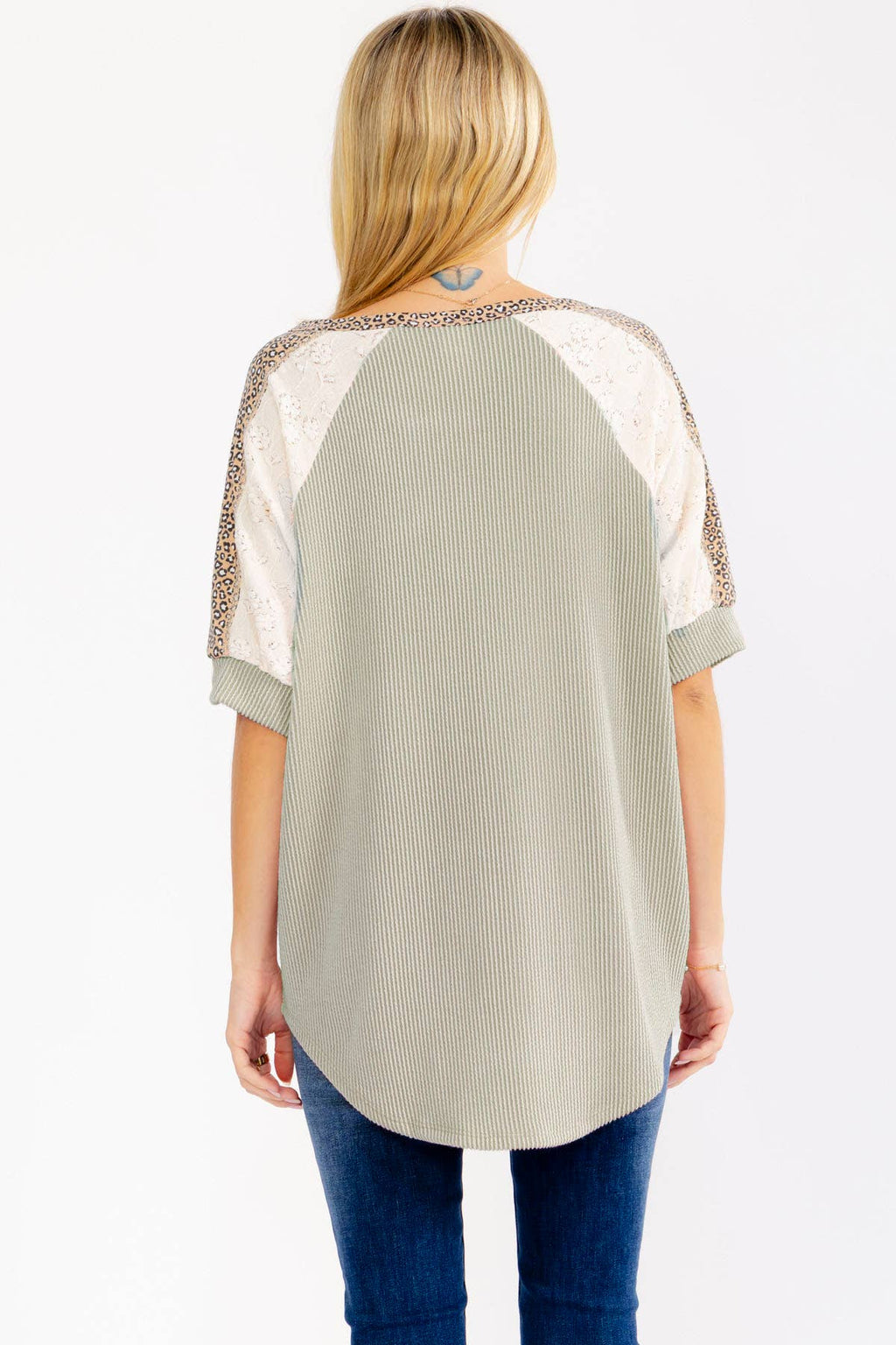 Leopard Print Lace Contrast Henley Top