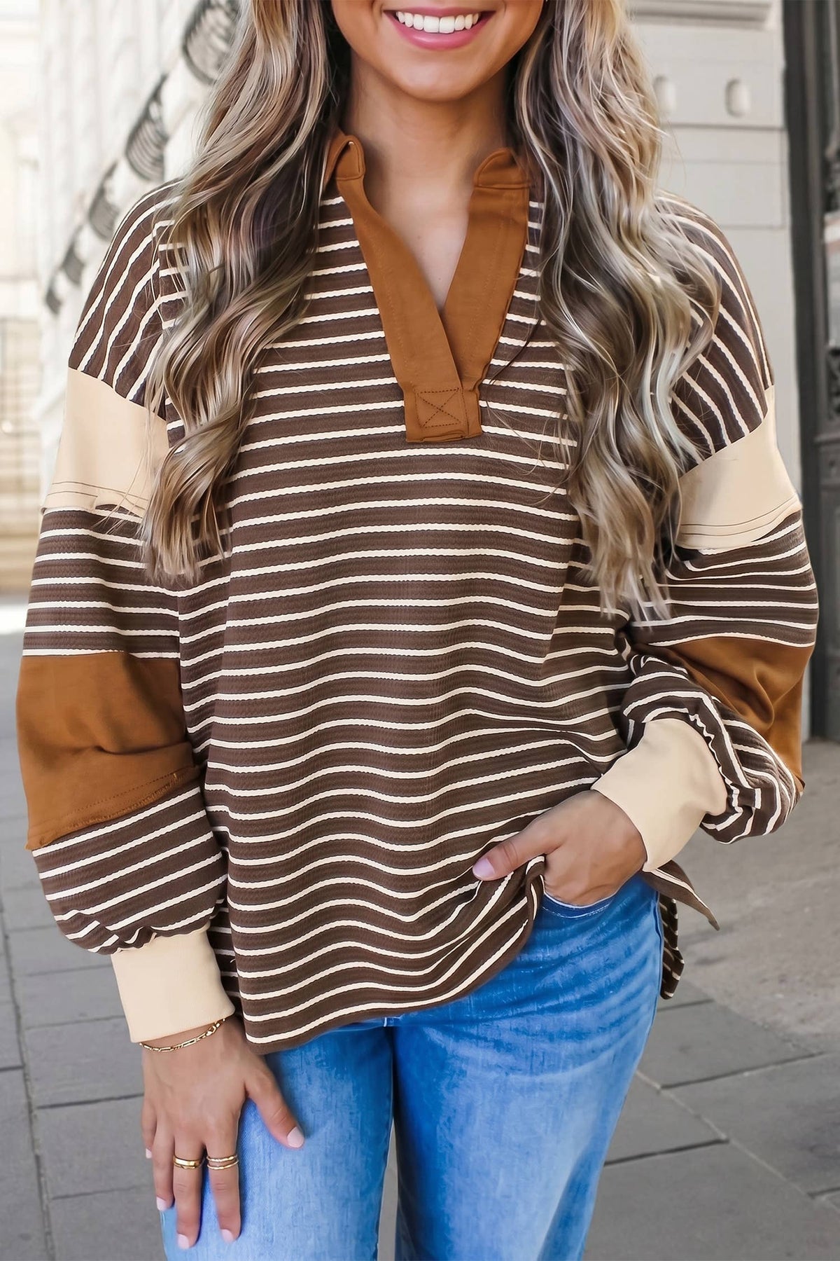 Striped Print Polo Neck Loose Pullover Sweatshirt | S-XL