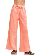 Acid Wash Fleece Palazzo Sweatpants With Pockets