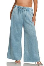 Plus Acid Wash Fleece Palazzo Sweatpants With Pockets