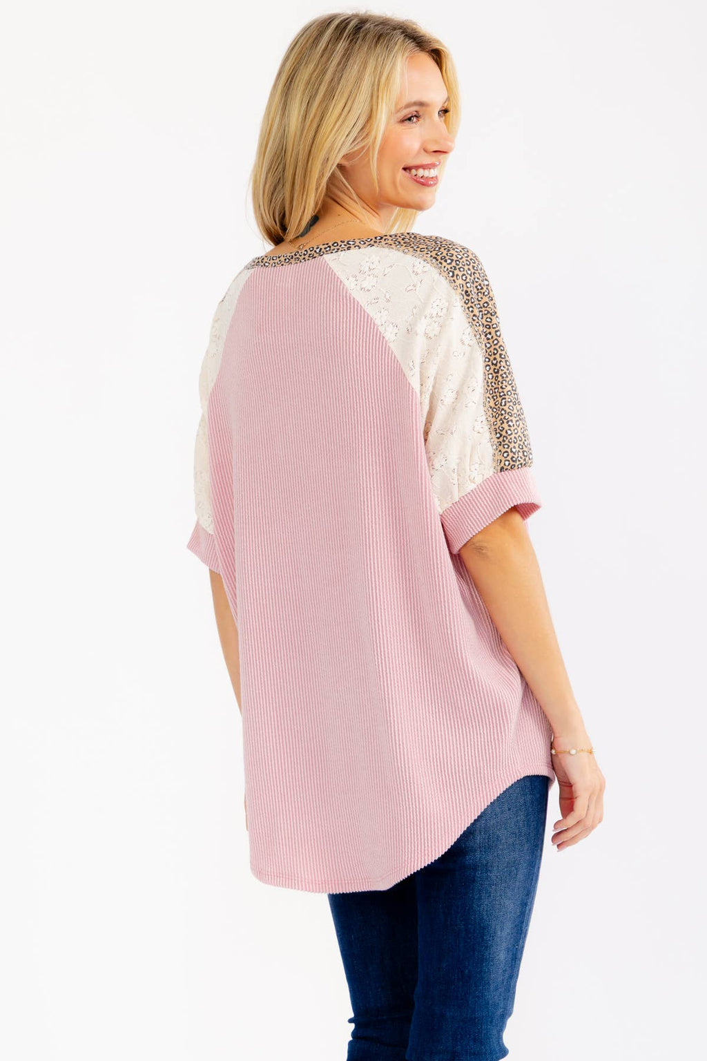 Leopard Print Lace Contrast Henley Top