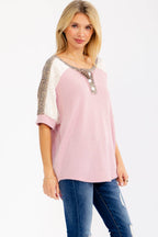 Leopard Print Lace Contrast Henley Top