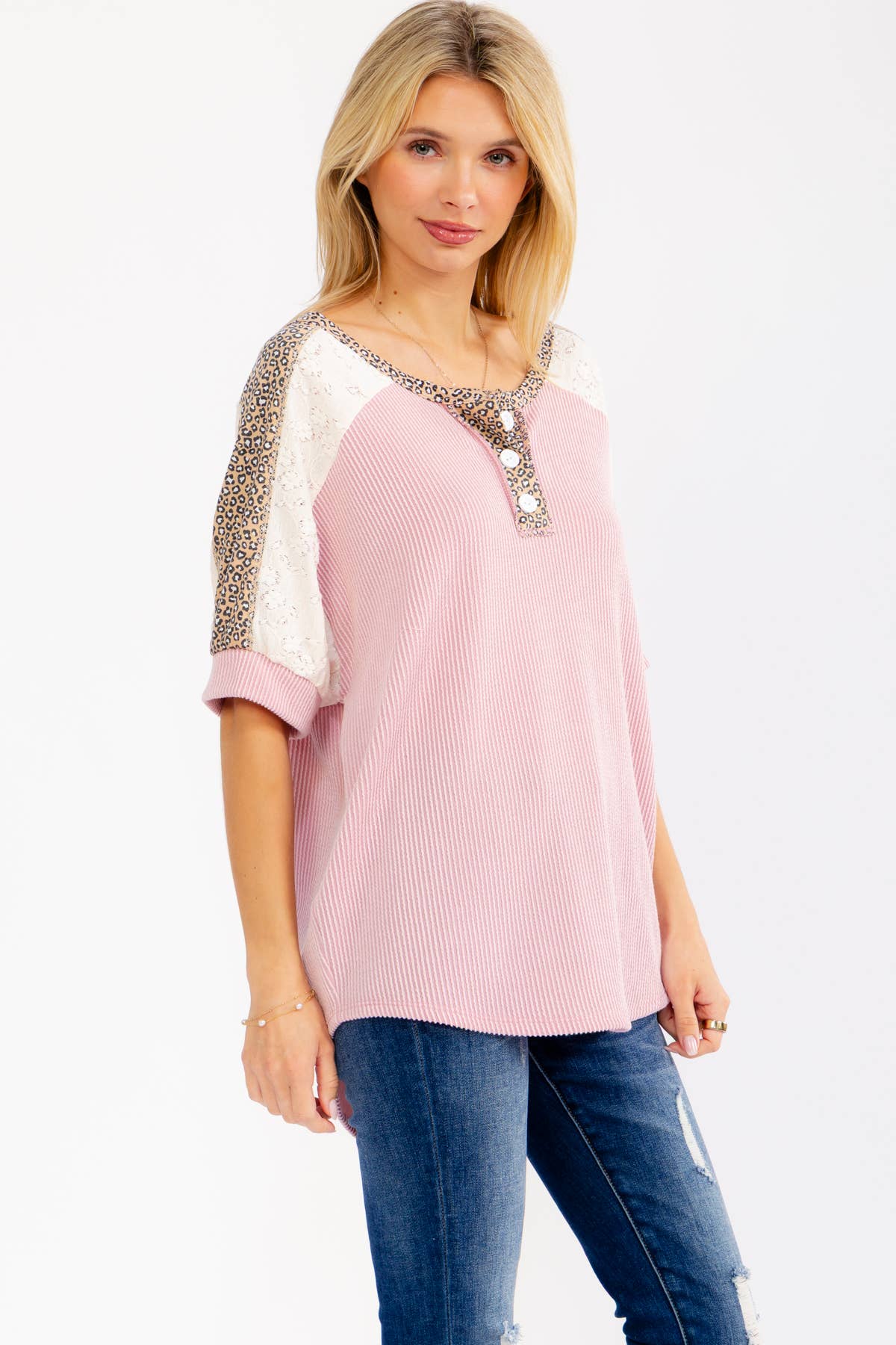 Leopard Print Lace Contrast Henley Top