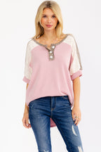 Leopard Print Lace Contrast Henley Top