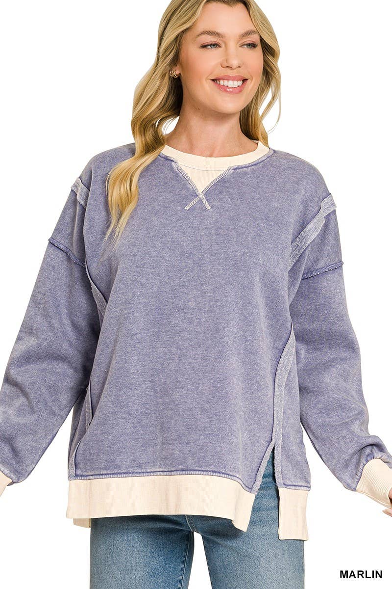 Fleece Acid Washed Contrast Trim Pullover