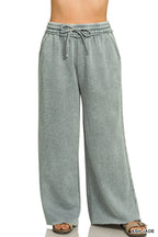 Plus Acid Wash Fleece Palazzo Sweatpants With Pockets