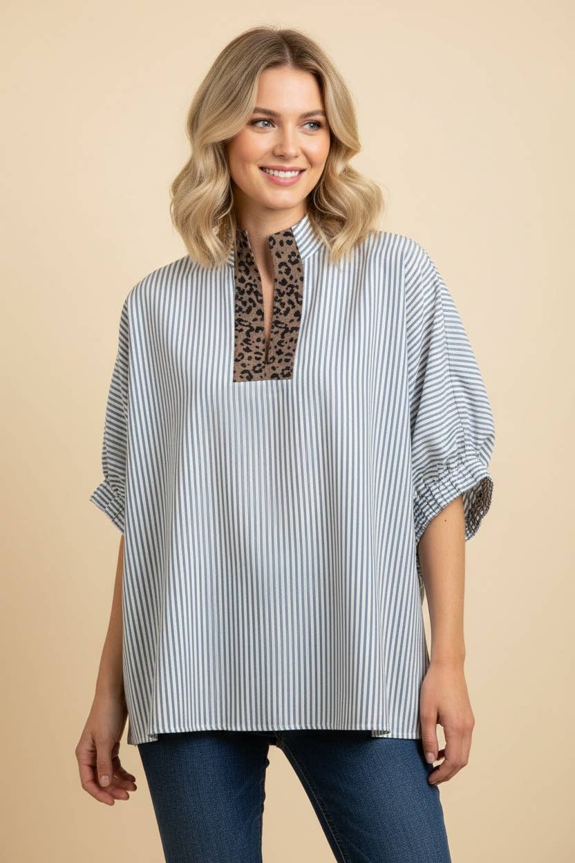 HT20139 Striped Oversized Split Neck Short Sleeve Top