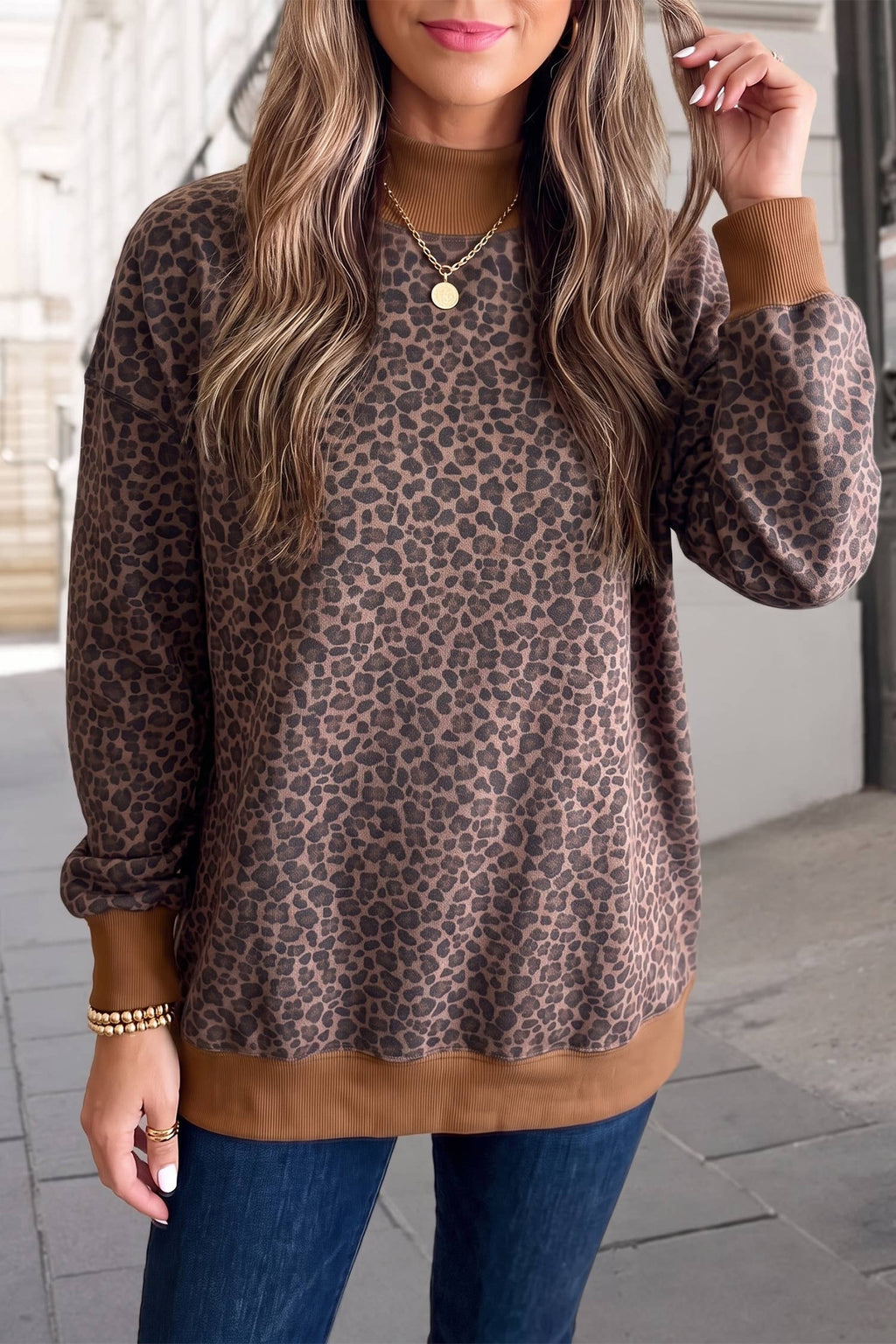 Leopard Mock Neck Ribbed Cuffs Hem Sweatshirt
