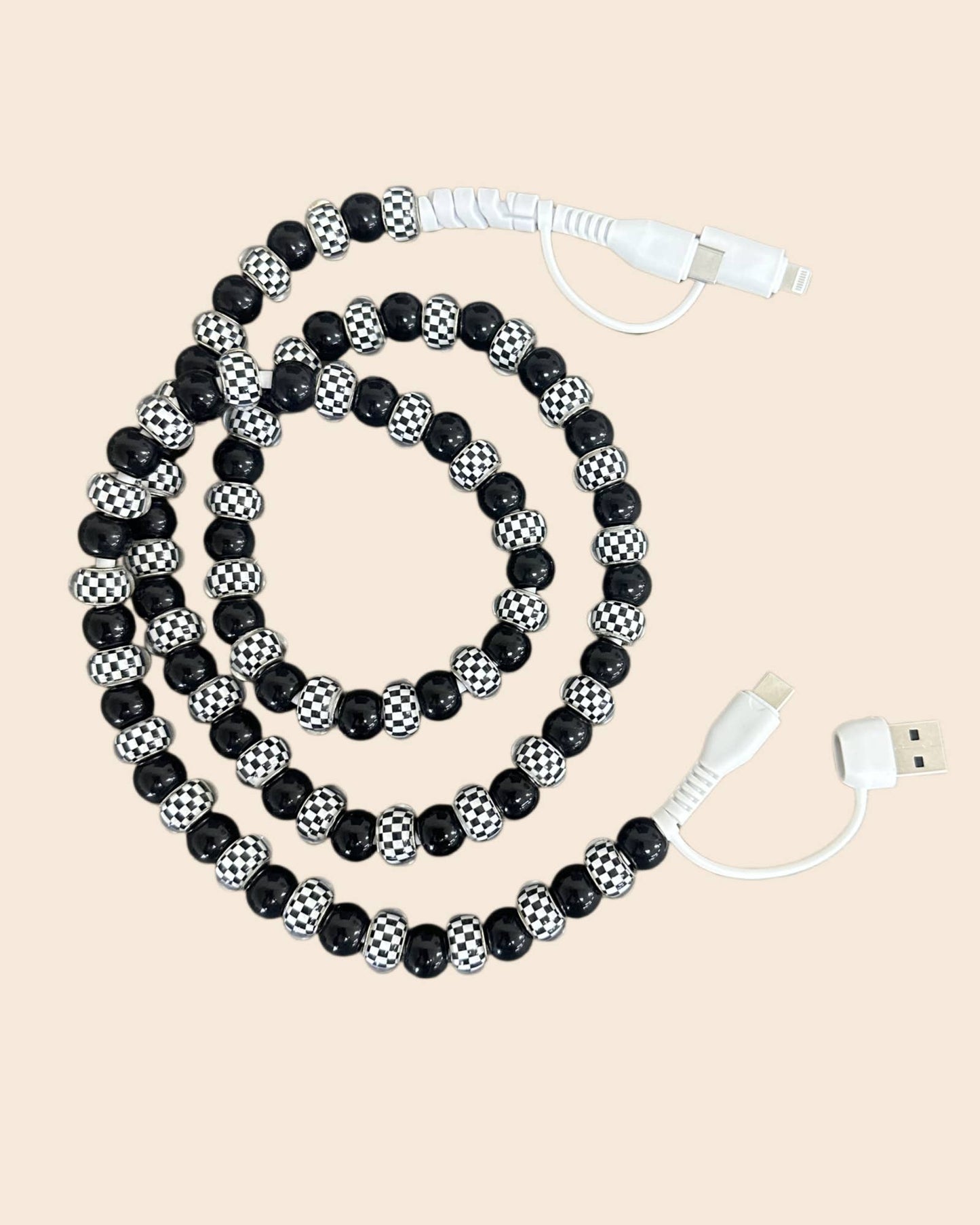 CHECKETBOARD BEADED PHONE CHARGING CABLE 4-IN-1