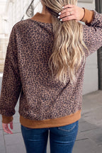 Leopard Mock Neck Ribbed Cuffs Hem Sweatshirt