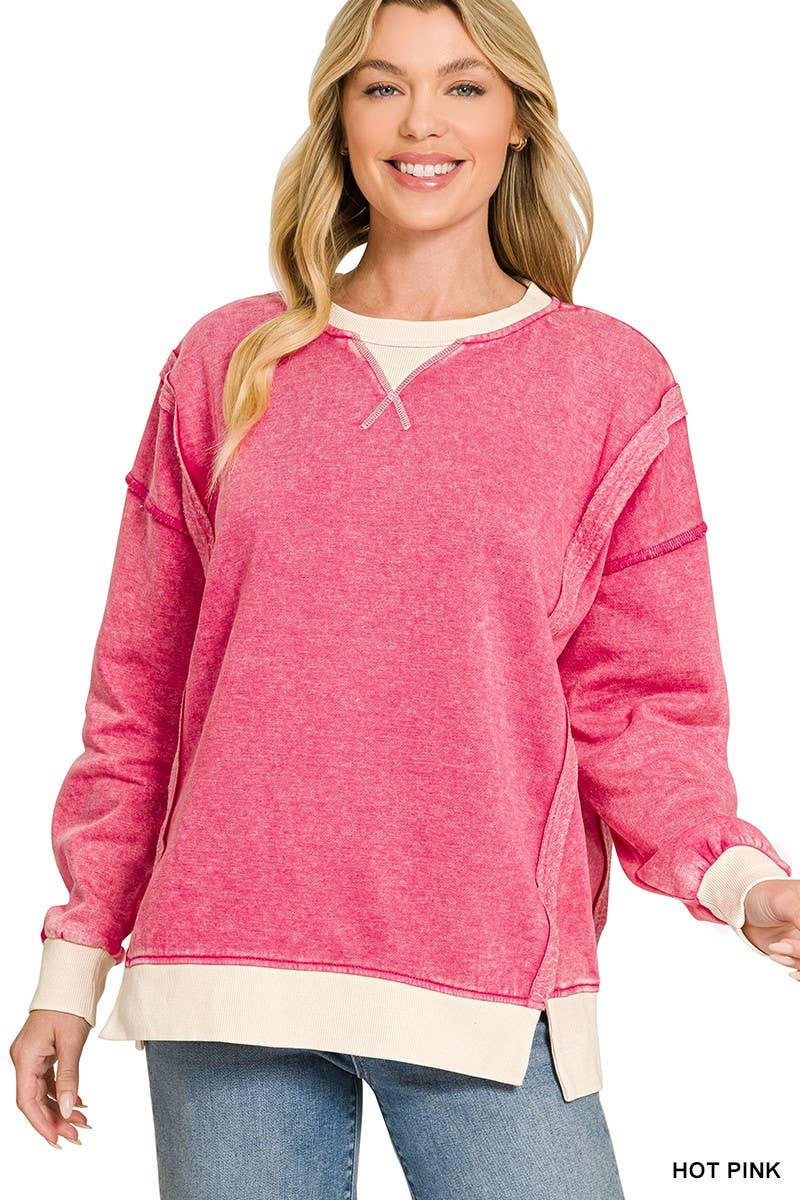 Fleece Acid Washed Contrast Trim Pullover