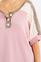 Leopard Print Lace Contrast Henley Top