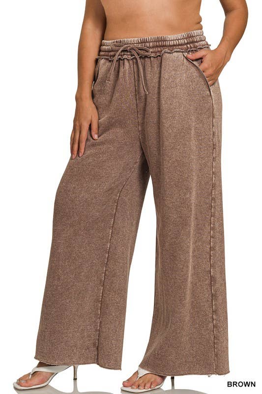 Plus Acid Wash Fleece Palazzo Sweatpants With Pockets
