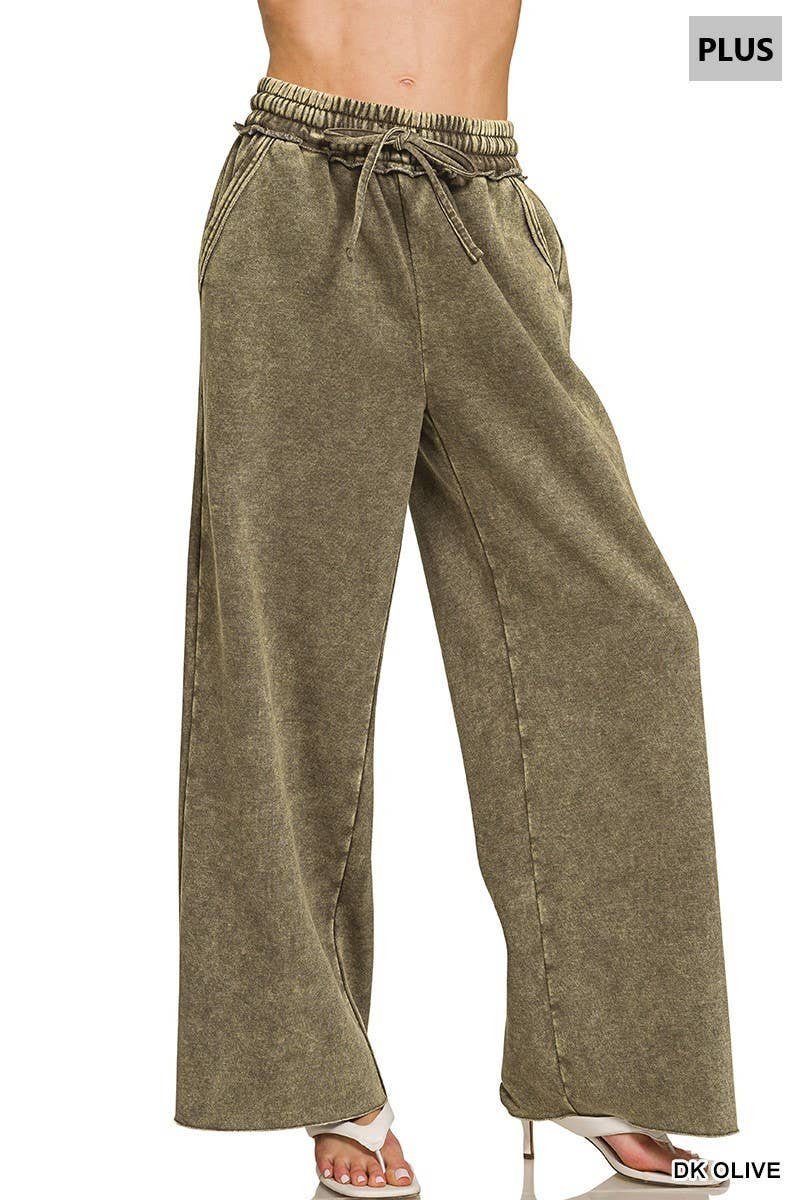 Plus Acid Wash Fleece Palazzo Sweatpants With Pockets