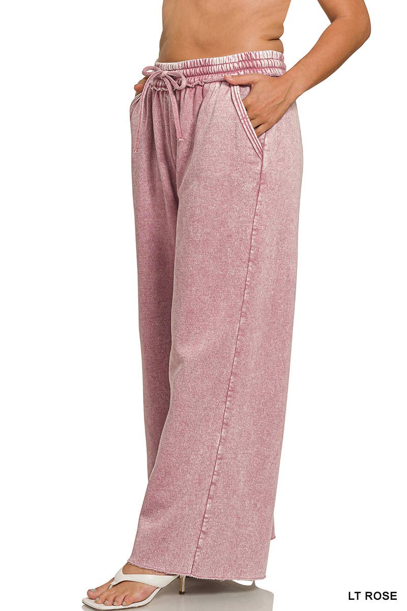 Plus Acid Wash Fleece Palazzo Sweatpants With Pockets