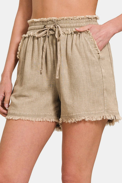 Zenana Washed Linen Frayed Shorts
