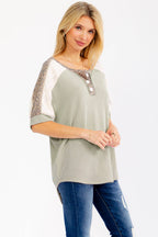 Leopard Print Lace Contrast Henley Top