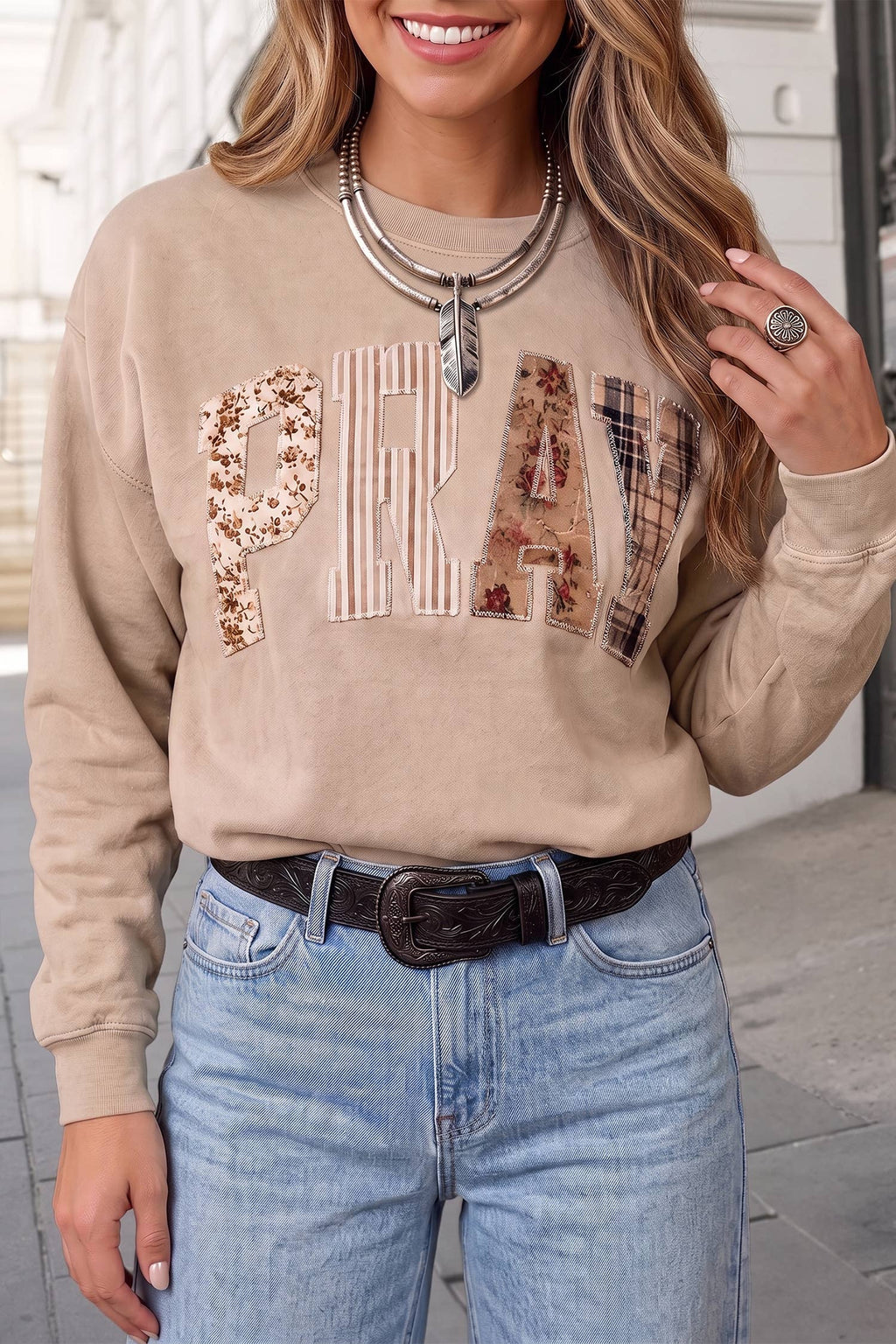 PRAY Graphic Letter Print Western Sweatshirt