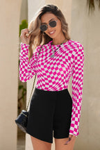 Mesh Swirl Checkered Mock Neck Top