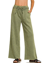 Acid Wash Fleece Palazzo Sweatpants With Pockets