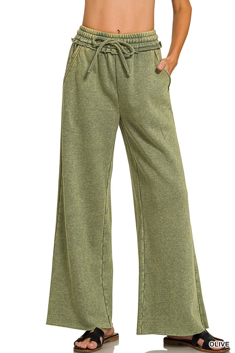 Acid Wash Fleece Palazzo Sweatpants With Pockets