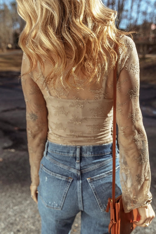 Beige Lace Mesh Long Sleeve w/ Tank