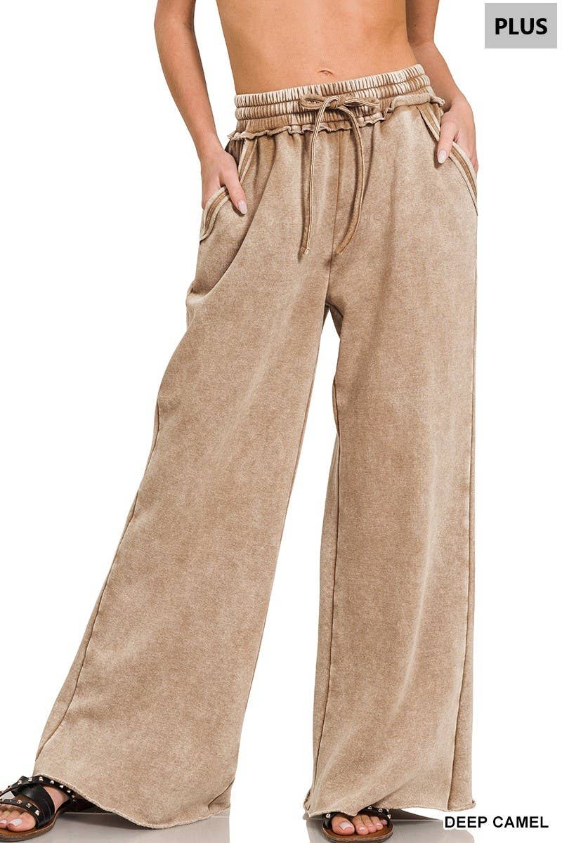 Plus Acid Wash Fleece Palazzo Sweatpants With Pockets