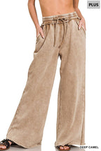 Plus Acid Wash Fleece Palazzo Sweatpants With Pockets