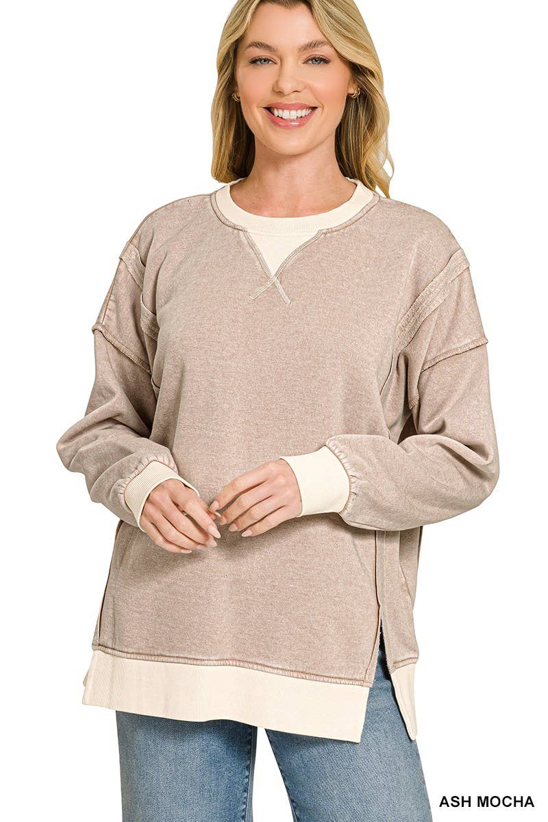 Fleece Acid Washed Contrast Trim Pullover