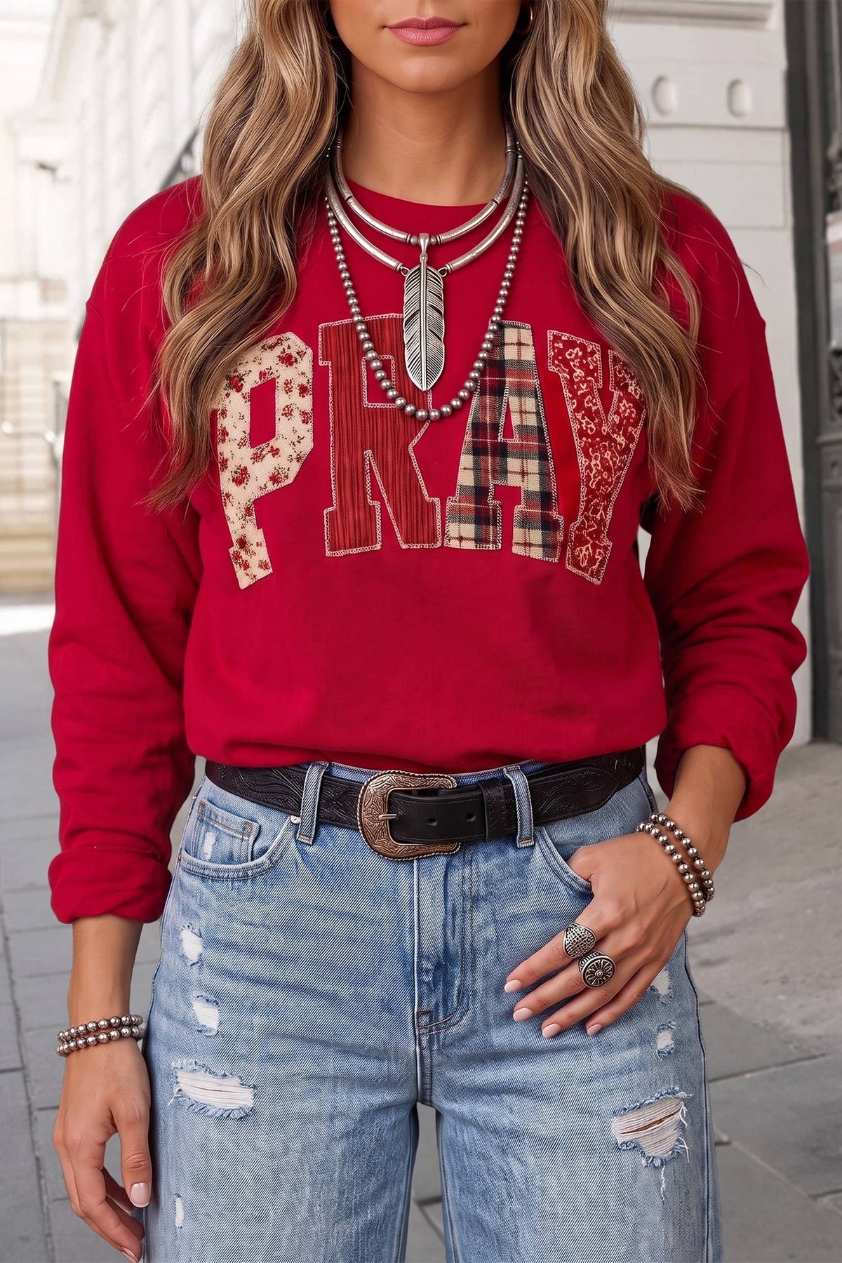 PRAY Graphic Letter Print Western Sweatshirt
