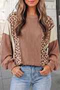 Leopard Print Colorblock Ribbed Knit Pullover Top | S-XL