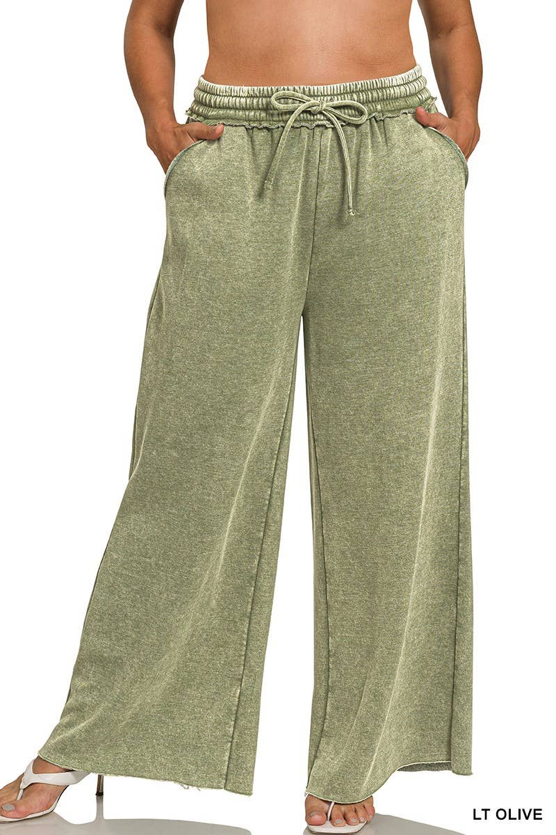 Plus Acid Wash Fleece Palazzo Sweatpants With Pockets