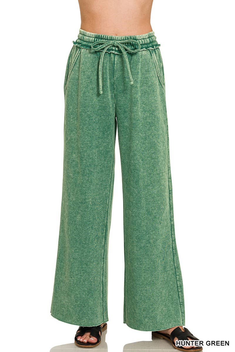 Acid Wash Fleece Palazzo Sweatpants With Pockets