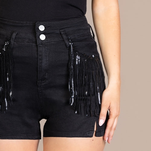Black Fringe Bling Shorts