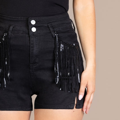 Black Fringe Bling Shorts
